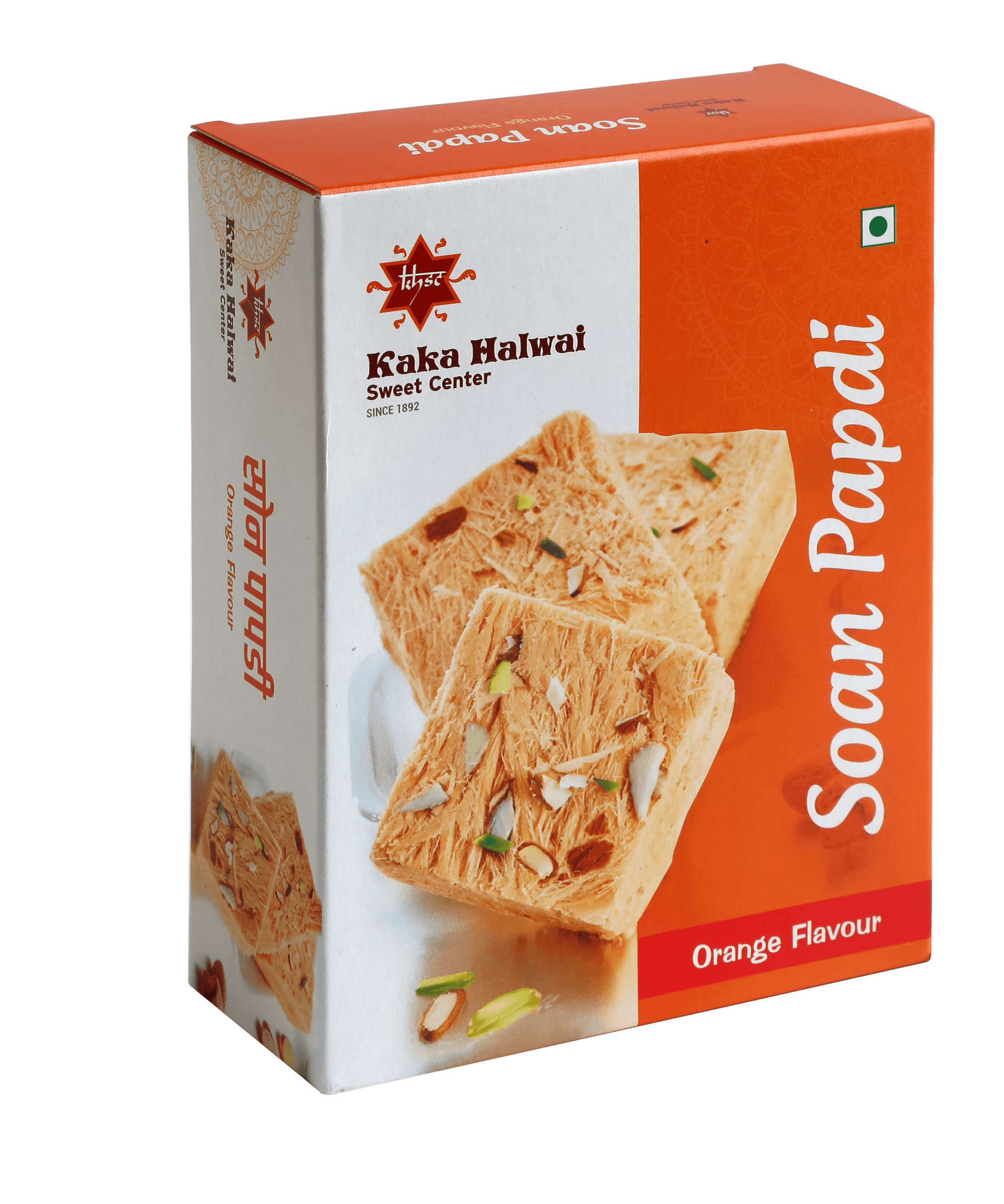 Orange Soanpapdi - -Kaka Halwai Sweet Centre-